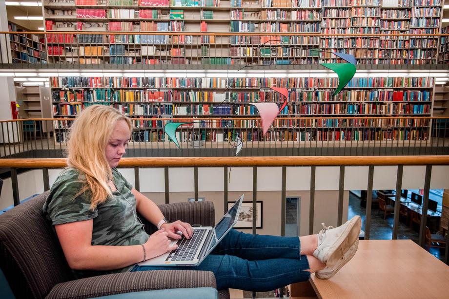 Student sitting in a comfy chair with their laptop with a colorful sculpture and books stacks in the background.