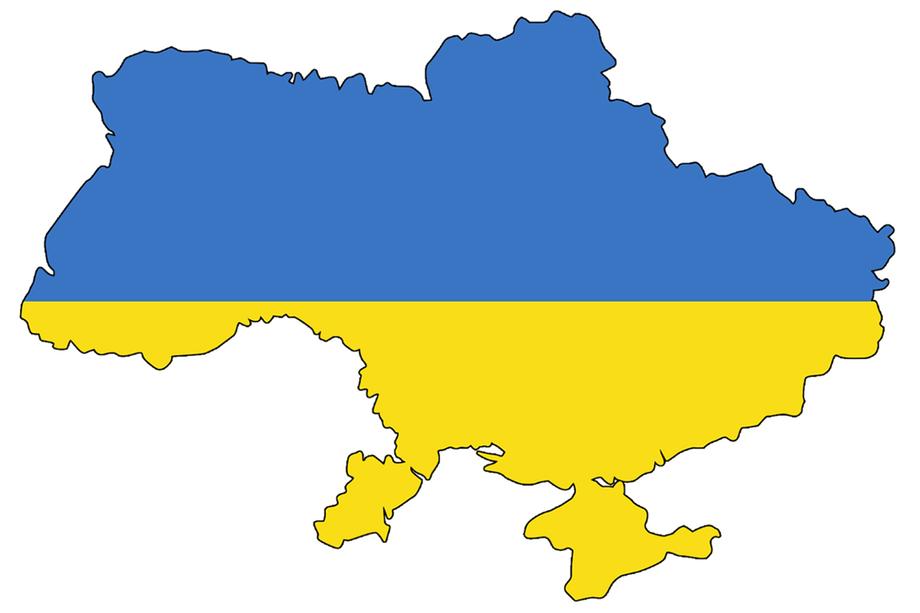 Outline of Ukraine filled in with Ukraine's blue and yellow flag colors.