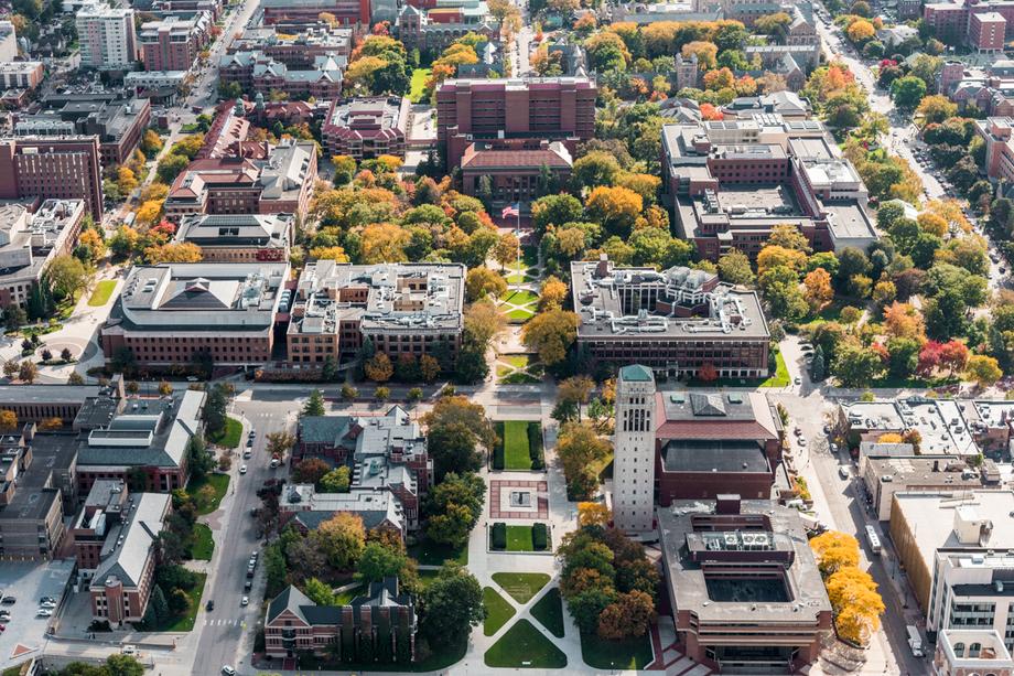 Aerial view of the University of Michigan central campus, taken during the fall.