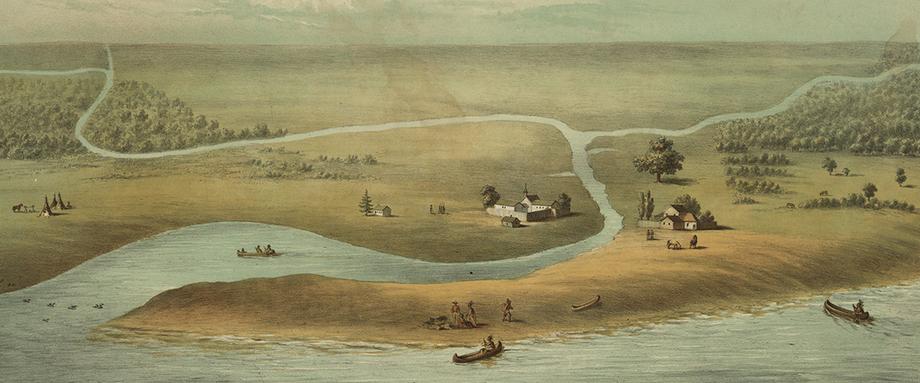 Landscape with a winding river, people in canoes, a small teepee settlement, and several wooden buildings..