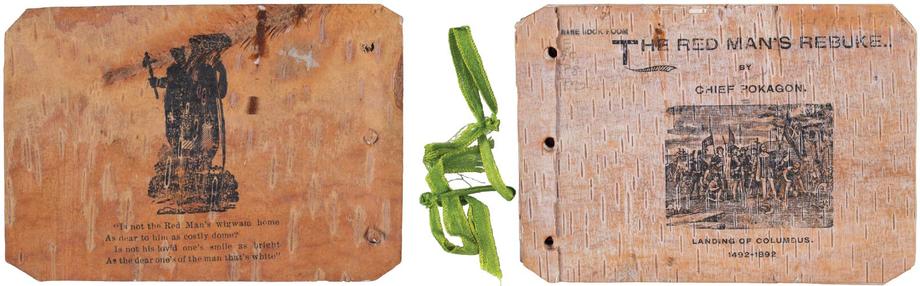 Two pages on birch bark, with the title page saying, "The Red Man's Rebuke.. by Chief Pokagon, and an image of men on a beach with the text, "Landing of Columbus, 1492-1892."