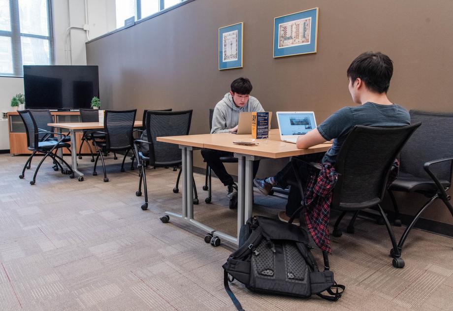 Two students working together at a table in a sunny room.