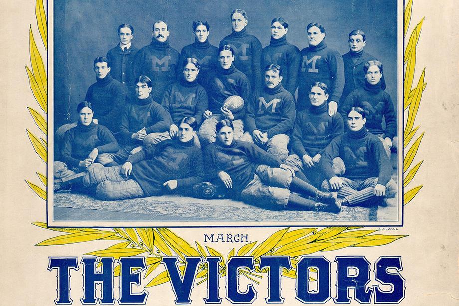 Grayscale image of 1898 men's football team with "THE VICTORS" text below.