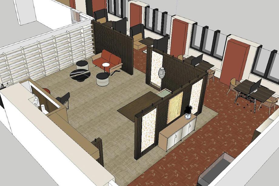 Rendering of a room from above, with bookshelves, coffee table, couch, and Japanese screens.