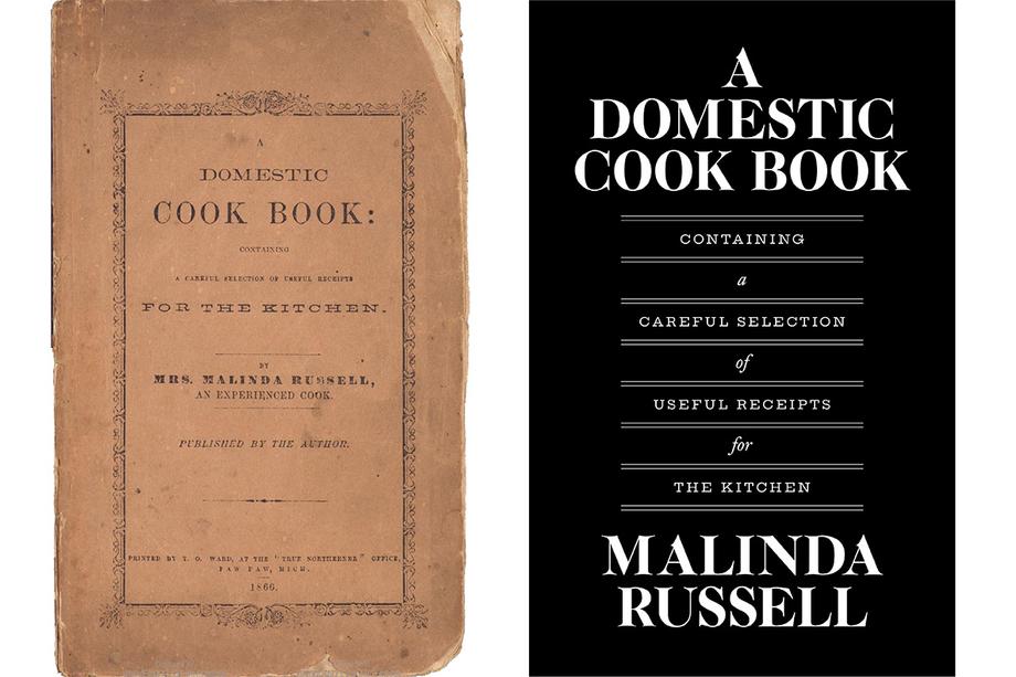 A tattered sepia cookbook from 1866, and a modern reprint in black and white.